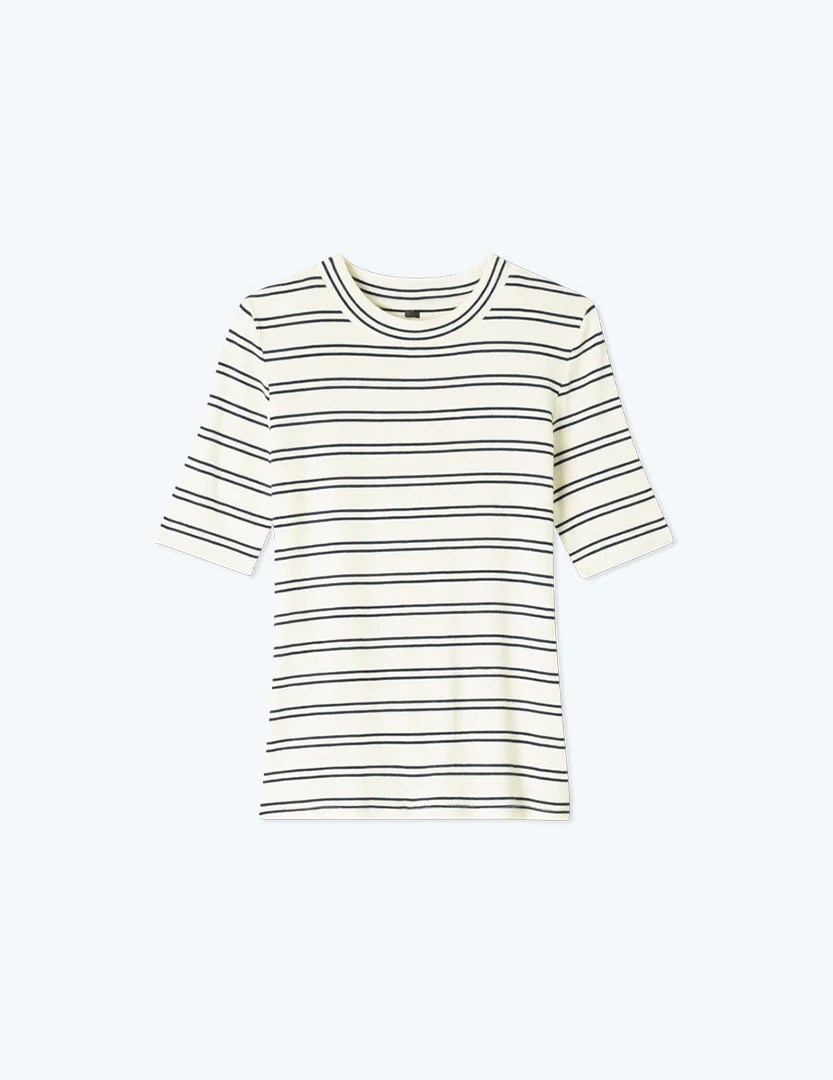 The Softest Ribbed Elbow Sleeve T-Shirt - White Sand & Deep Sea Stripe | SummerSalt