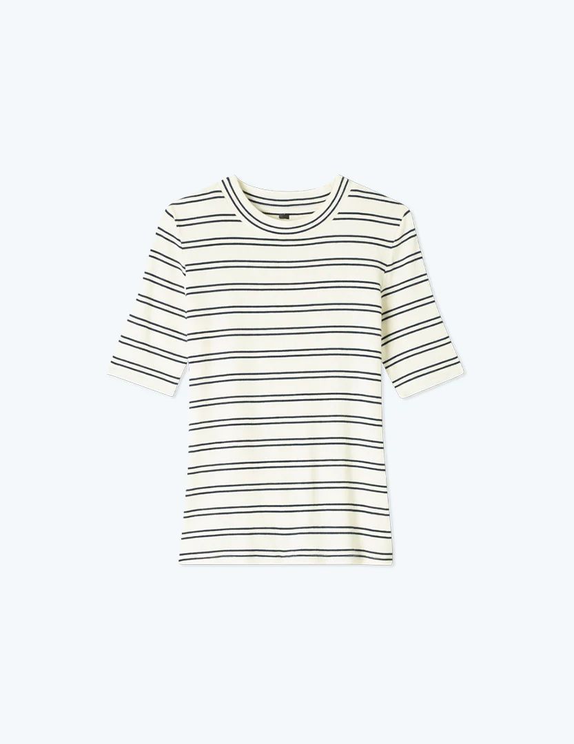The Softest Ribbed Elbow Sleeve T-Shirt - White Sand & Deep Sea Stripe | SummerSalt