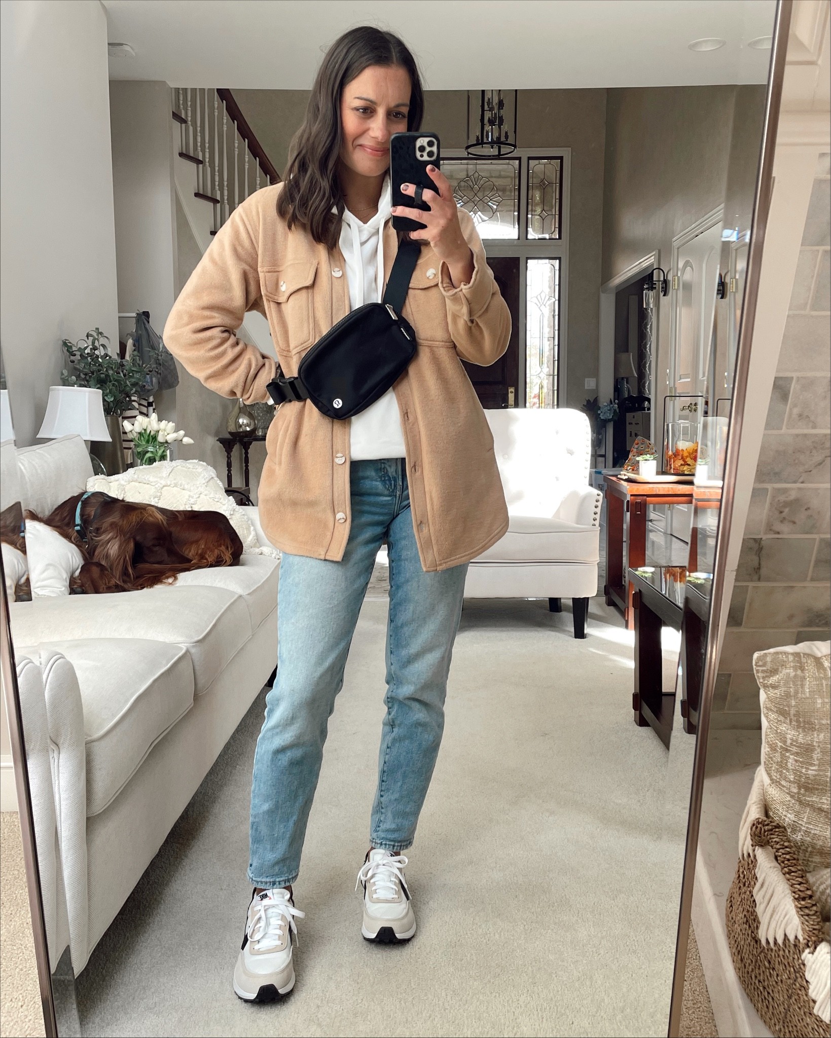 Fall outfits - casual outfit idea - shacket (Tts wearing a small), amazon hoodie (Tts wearing a small), old navy jeans (Tts), Nike sneakers (Tts to small), lululemon belt bag 

#LTKunder50 #LTKSeasonal #LTKstyletip