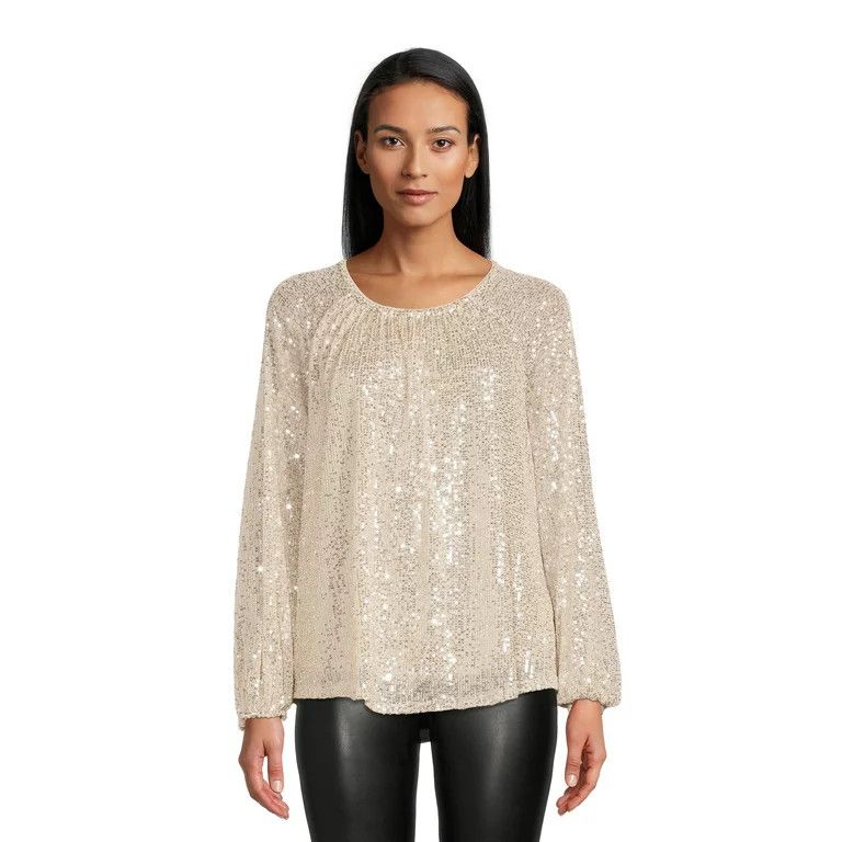 Time and Tru Women's Sequined Top with Long Sleeves | Walmart (US)