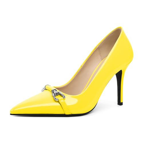 YODEKS Yellow Heels for Women Point Toe Stiletto High Heels Pumps Close Toe Slip on Elegant Shoes 3.5 Inch Heeled Patent Pumps Wedding Dressy Party Wearing Size 9 | Amazon (US)