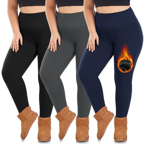we fleece 3 Pack Plus Size Fleece Lined Leggings Women -Stretchy X-Large-4X Warm Winter Yoga Pants Thermal Leggings Black/Grey/Navy | Amazon (US)