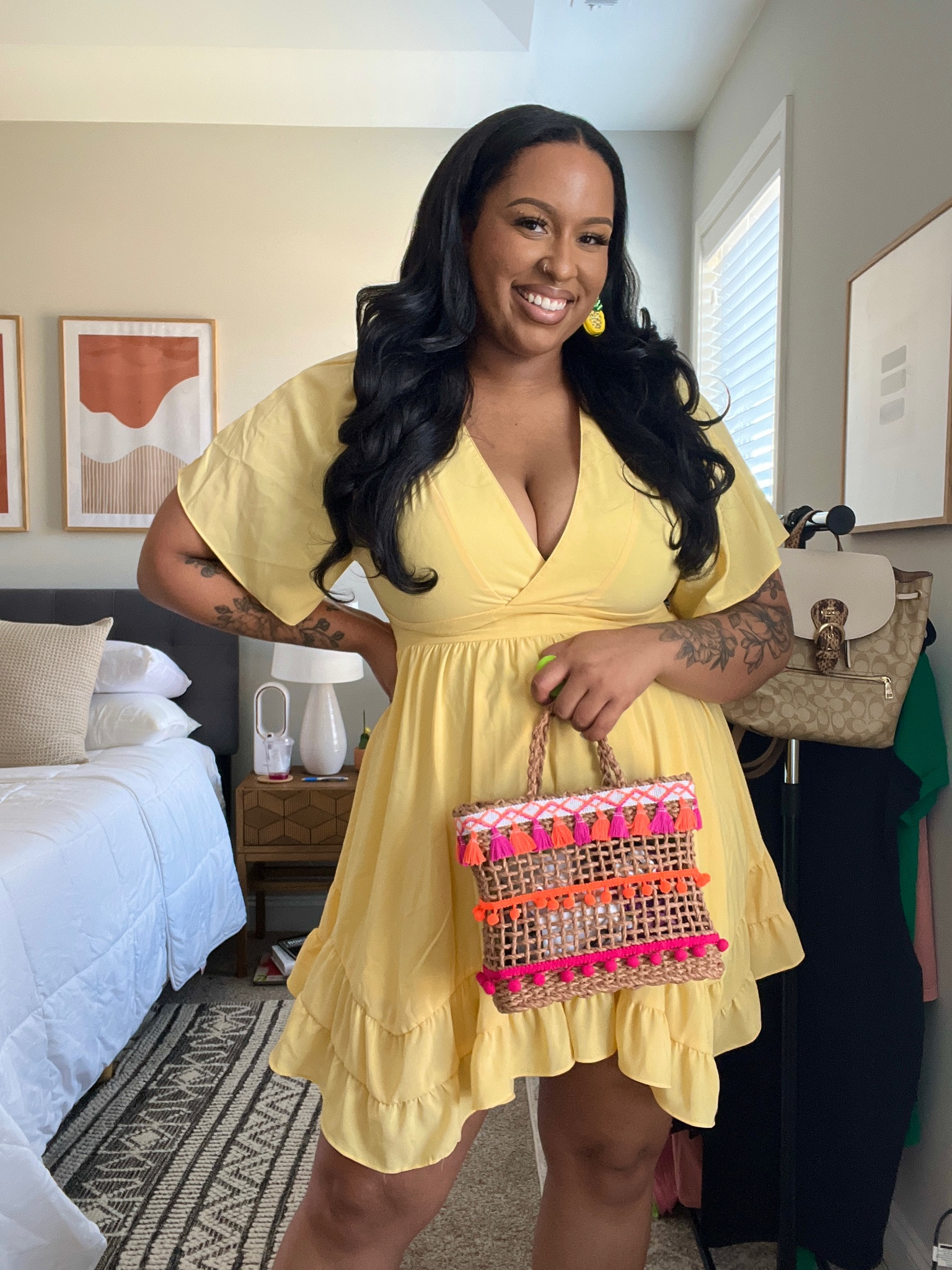 Yellow Amazon Dress XXL
Shein Straw Bag
Pineapple Earrings from Amazon
Sensationnel Angel Face Wig Cut into a U Part Wig

#LTKcurves #LTKunder50 #LTKSeasonal