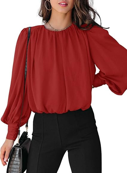 Dokotoo Women's Summer Casual Solid Color Crew Neck Long Sleeve Blouses Shirts 2023 Trendy Work B... | Amazon (US)