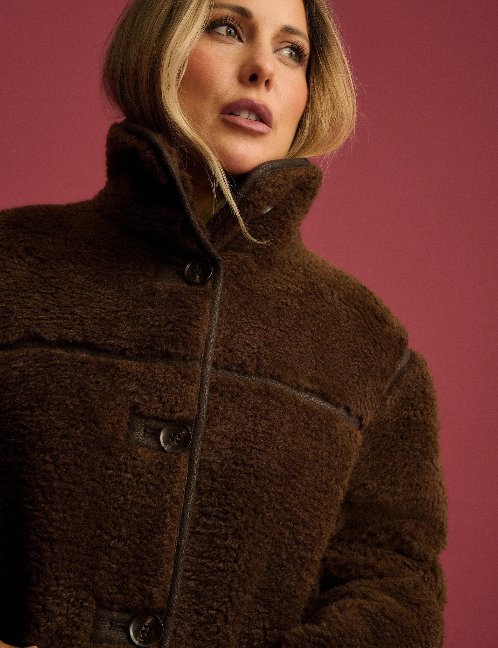 Brown Funnel Neck Faux Shearling Coat | Nobody's Child
