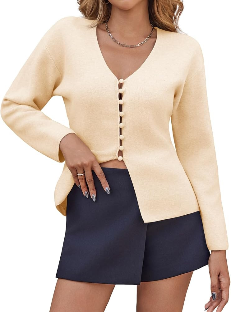 Saodimallsu Womens V Neck Cardigan Sweaters Button Up Fall Trendy Front Split Long Sleeve Sweater... | Amazon (US)