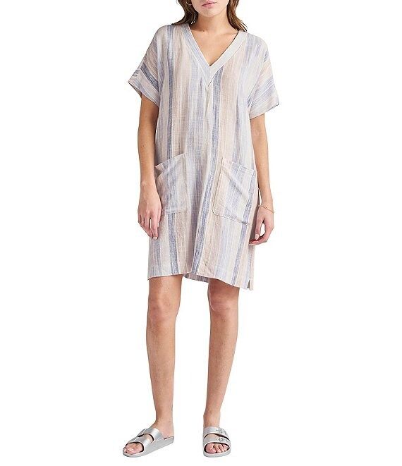 Viola Short Sleeve V Neck Linen Blend Striped Dress | Dillard's