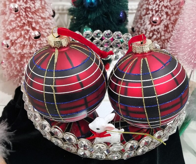 Plaid Blown Glass Christmas Ornament Balls Large - Red Black Blue Gold | Etsy (US)