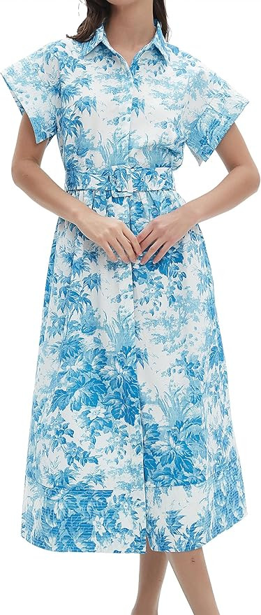 D-Sun Women Button Down Shirt Dress V-Neck Floral Printed Short Sleeves Mid Shirt Dress Belt A-Li... | Amazon (US)