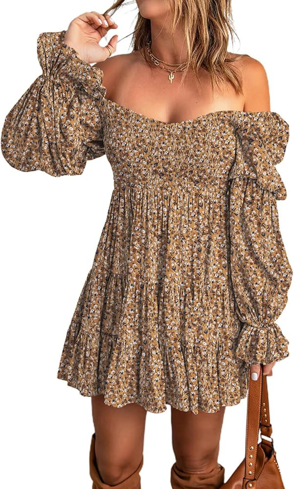 Dokotoo Womens 2024 Fall Dress Elegant Off The Shoulder V Neck Long Sleeve Ruffle Flowy Mini Shor... | Amazon (US)