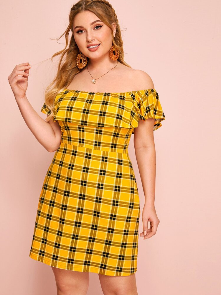Plus Ruffle Trim Plaid Bardot Dress | SHEIN