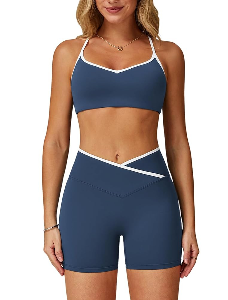Two Piece Women Workout Sets Color Block Sports Bra and Scrunch Butt Lifting Shorts Gym Yoga Acti... | Amazon (US)
