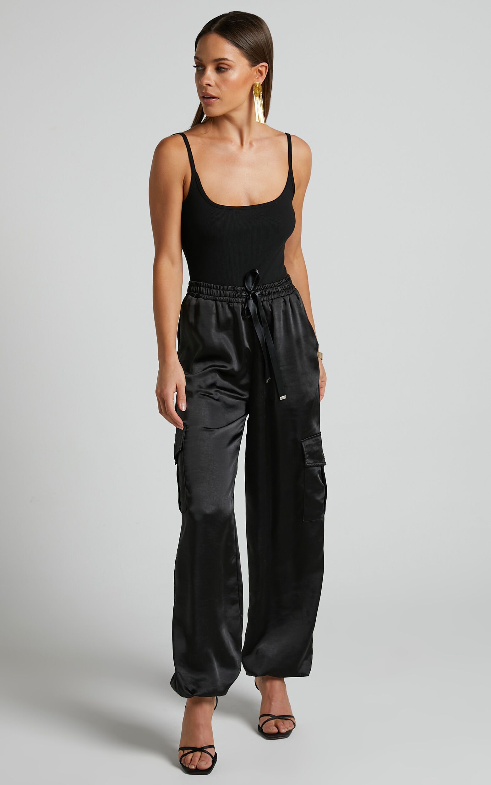 Jadeiah - Mid Rise Cargo Pocket Satin Jogger Pant in Black | Showpo (US, UK & Europe)