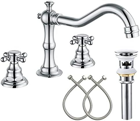 Widespread Bathroom Faucet Polished Chrome Silver 3 Holes Deck Mounted Basin Mixer Tap with Pop U... | Amazon (US)