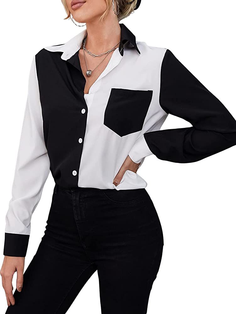 SheIn Women's Color Block Button Down Blouse V Neck Long Sleeve Collar Oversized Shirt Tops | Amazon (US)