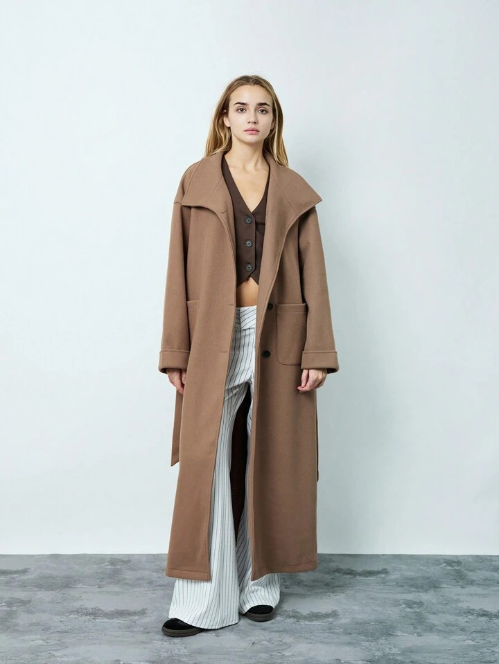SHEIN TRNDY 1 pièce Cardigan long d´hiver décontracté à manches longues, col rabattu et deva... | SHEIN