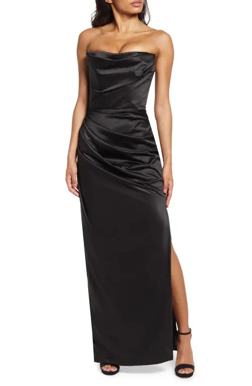 HOUSE OF CB Adrienne Satin Strapless Gown in Black at Nordstrom, Size X-Large D | Nordstrom