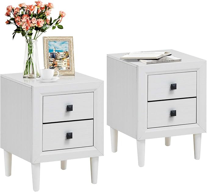 Giantex White Nightstand Set of 2, Pre-Assembled 2-Drawer Bedside Tables with Solid Wood Legs for... | Amazon (US)