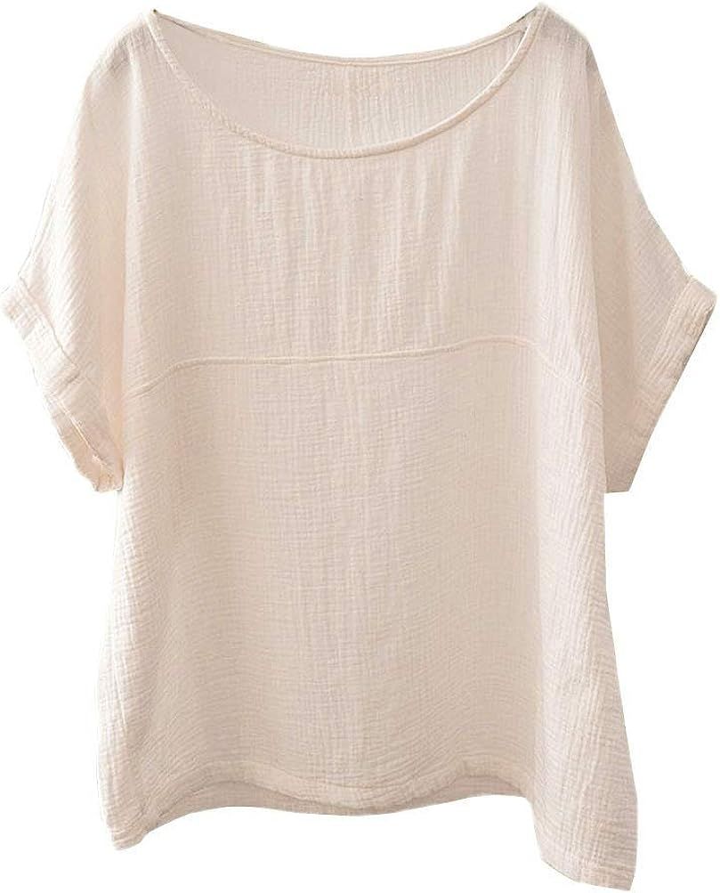 Soojun Women's Cotton Linen Round Collar Boxy Top Patchwork Blouses | Amazon (US)