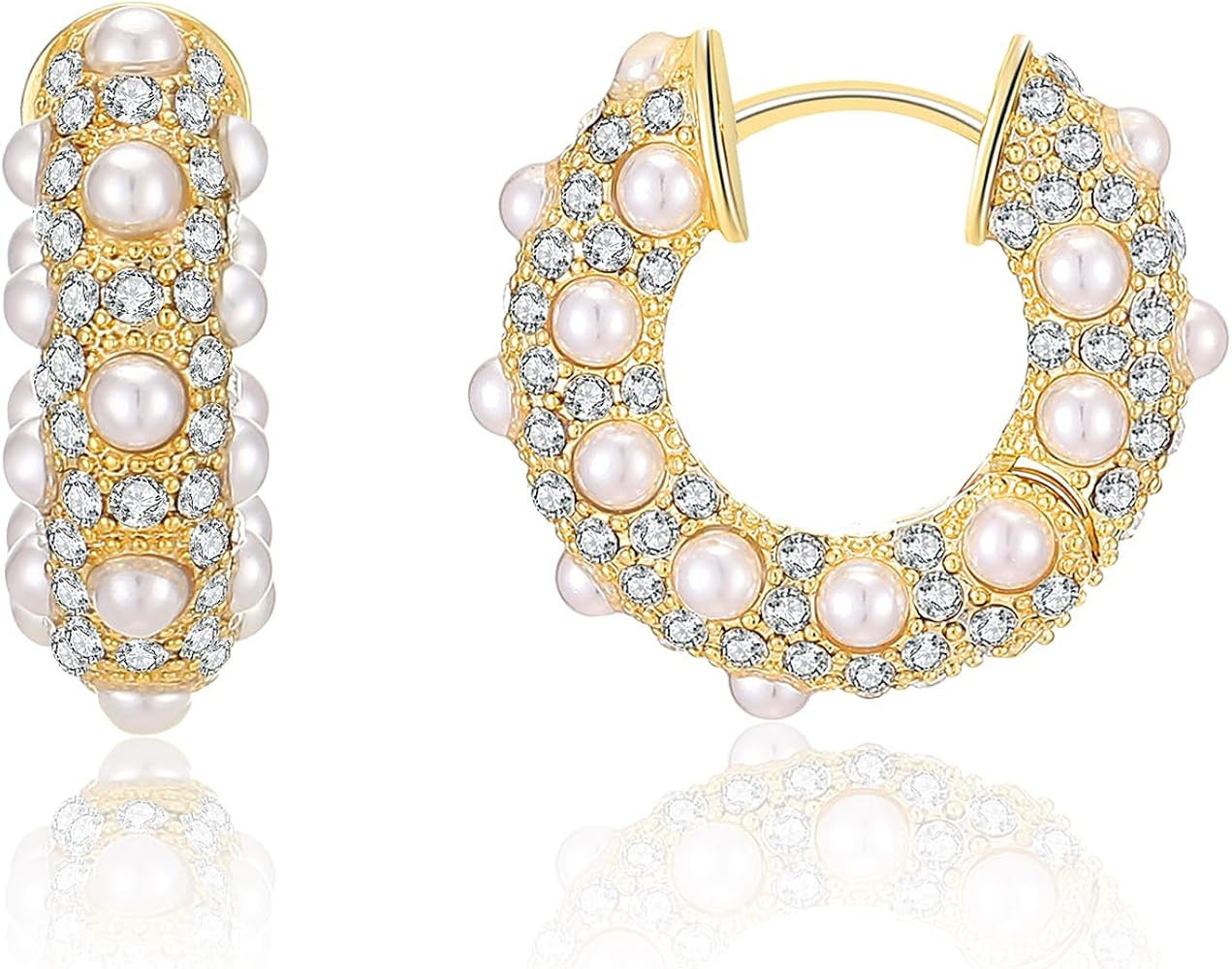 Aprilery Pearl Hoop Earrings for Women, Trendy 14K Gold Plated Round Pearl Cuff Hoop Earrings Hyp... | Amazon (US)