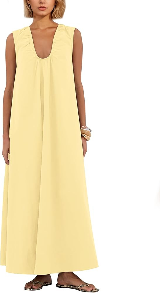 OLAPTA Women Summer Sleeveless Maxi Dress Scoop Neck Ruched Loose Fit Casual Elegant Solid Vacati... | Amazon (US)