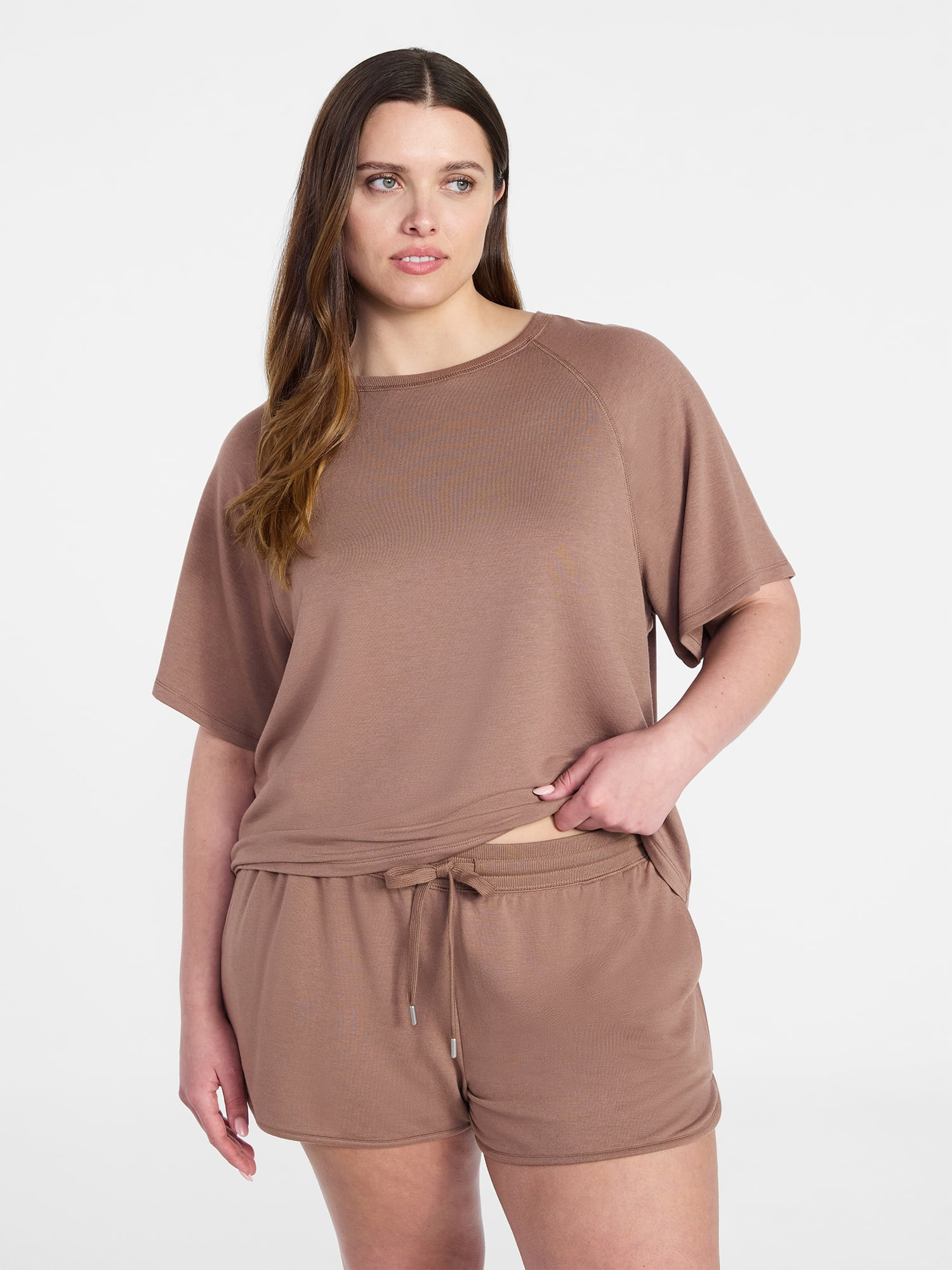 Joyspun Women's French Terry Lounge Sleep Short Sleeve Top and Shorts Set, 2-Piece, Sizes XS-3X | Walmart (US)