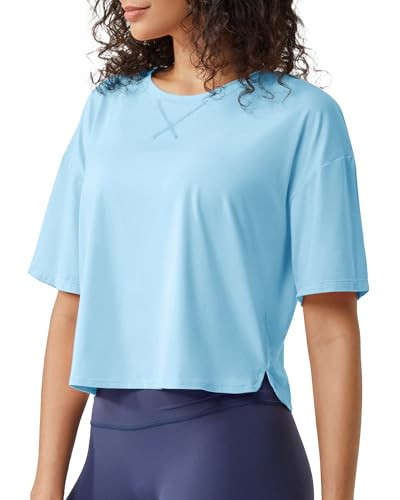 G4Free Cropped Workout Shirts Women Loose Fit Basic Tops Short Sleeve Athletic Gym Exercise Tee Running Casual(Light Blue,XS) | Amazon (US)