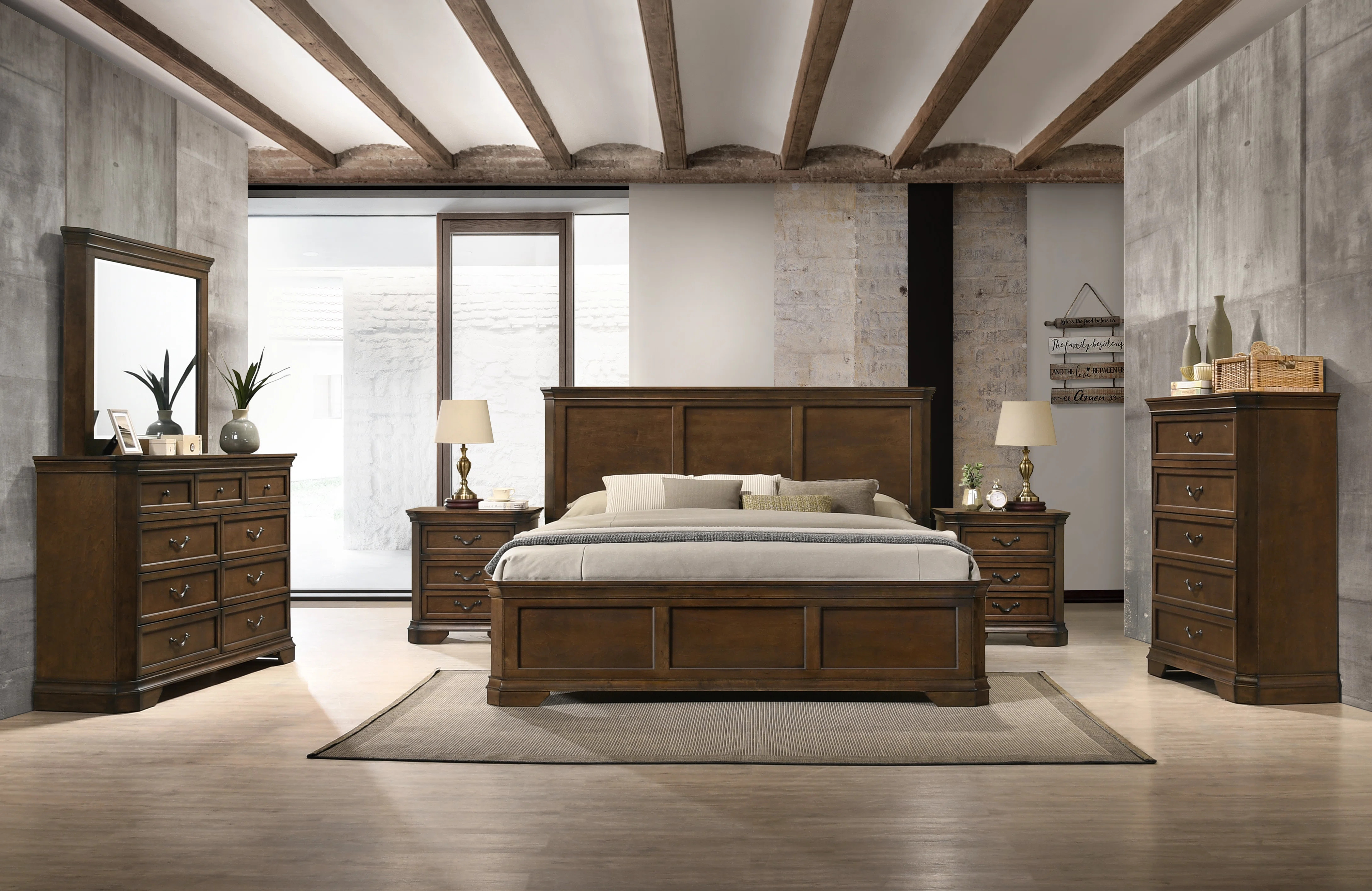 Ailany Traditional Wood Panel Bed With Dresser, Mirror, Nightstand, Chest, Queen, Antique Walnut Finish | Wayfair North America