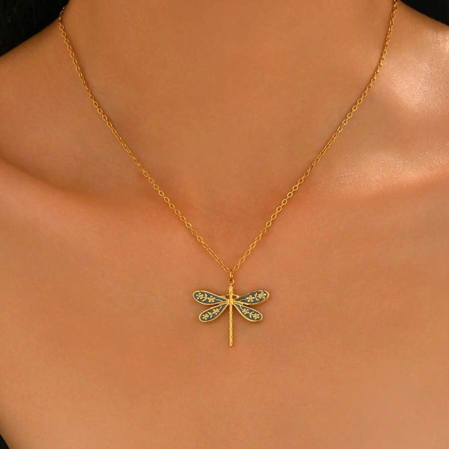 1Pc Retro Dragonfly Necklace Female Long Style, Metal Pendant Collarbone Chain Versatile, Persona... | SHEIN