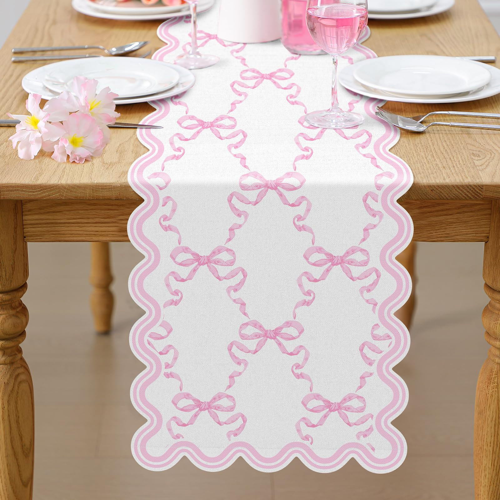 Pink Bow Table Runner 72 Inches Cute Heart Linen Fabric Scalloped Table Runner Coquette Dining De... | Amazon (US)