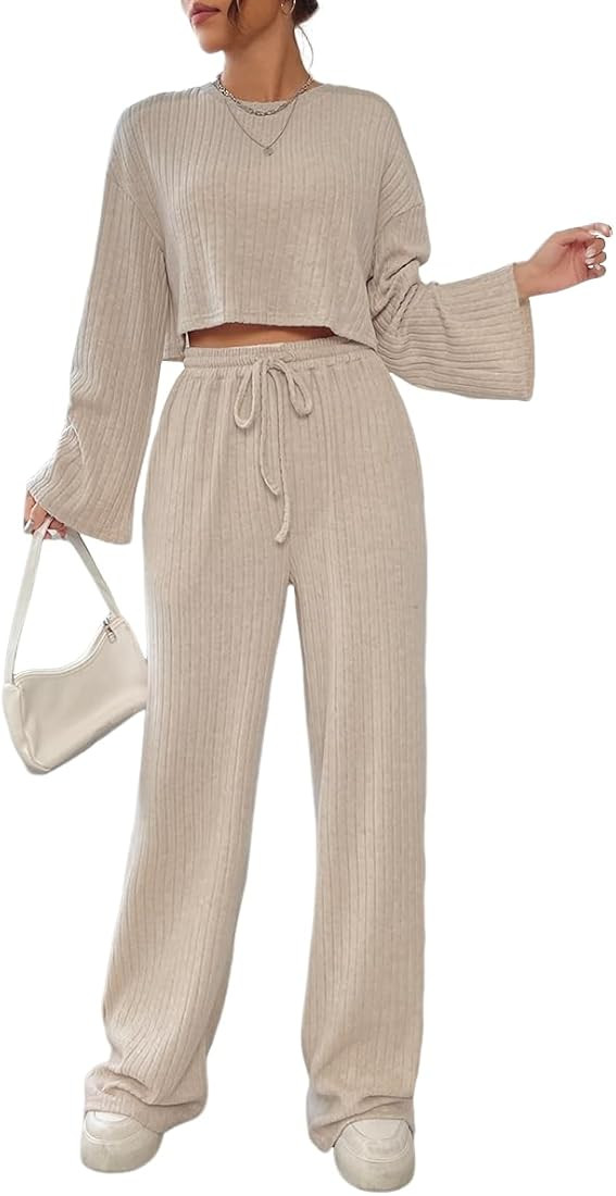 Women's 2 Piece Rib Knit Outfits Drop Shoulder Crop Tee Drawstring Waist Pants Set | Amazon (US)