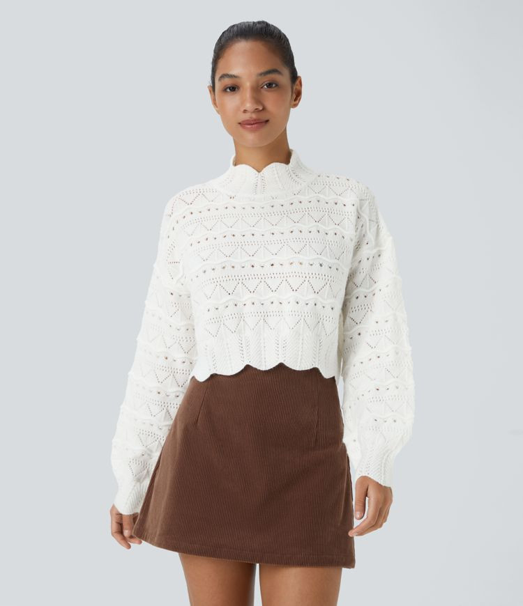 Women’s Mock Neck Bishop Sleeve Scallop Hem Open Knit Casual Sweater - Halara | HALARA