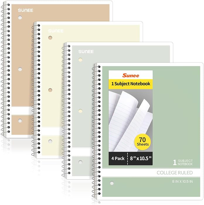 SUNEE Spiral Notebooks College Ruled, 1-Subject, 4 Pack, 8 x 10-1/2 inch, 70 Sheets per Notebook,... | Amazon (US)