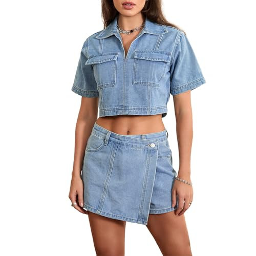 Erenella Women's Denim 2 Piece Outfits Summer Lapel V Neck Jean Tops and Asymmetrical Shorts Set with Pockets Y2k Streetwear (A-Blue, M) | Amazon (US)
