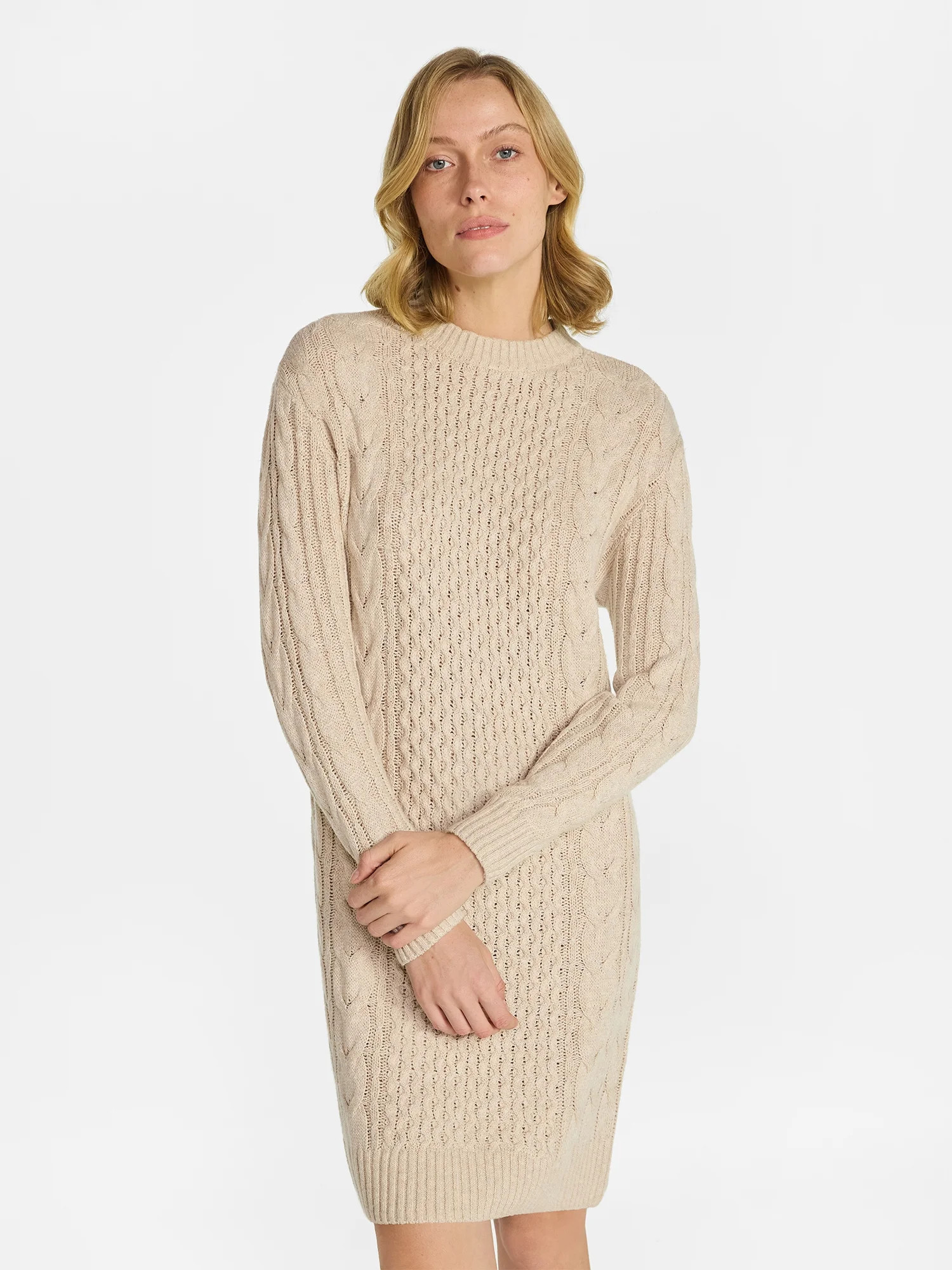 Time and Tru Women's Cable Knit Sweater Dress with Long Sleeves, Sizes XS-3XL | Walmart (US)