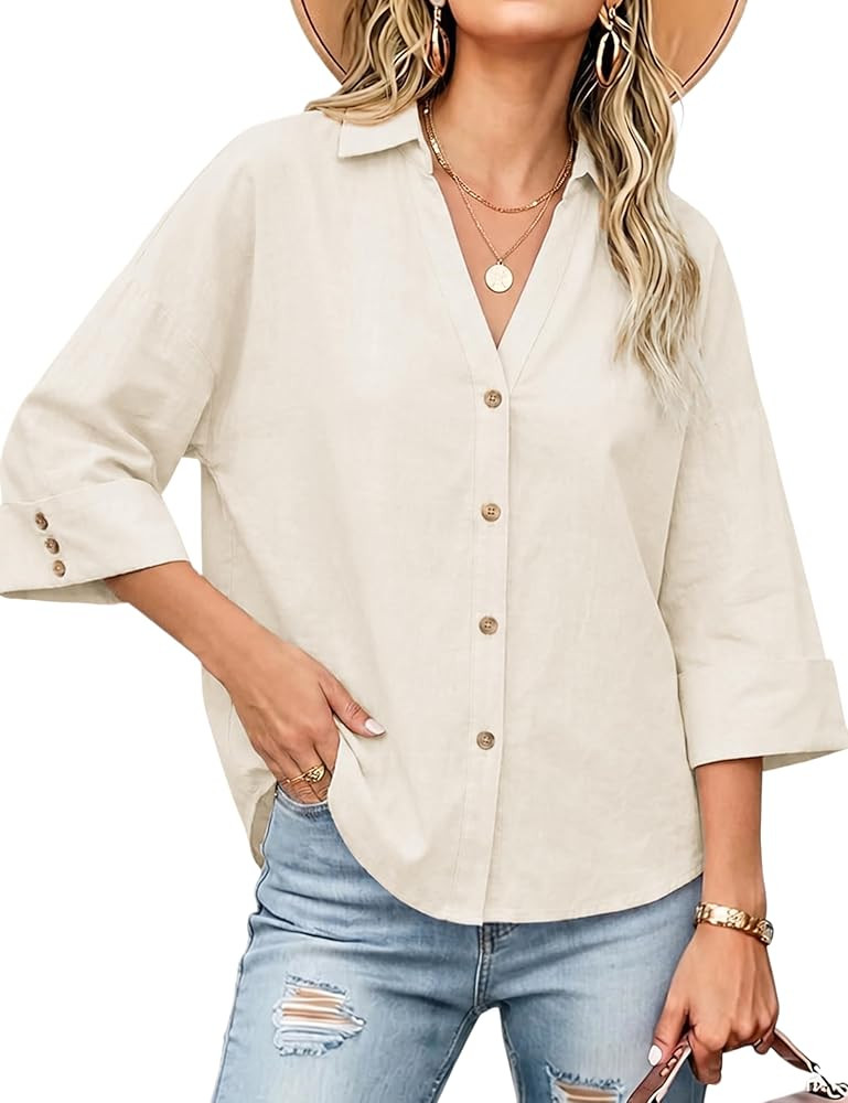 Watashi Women Oversized Shirt Jacket 3/4 Sleeve Button Down Collared Shirt Casual Loose Beach Cov... | Amazon (US)
