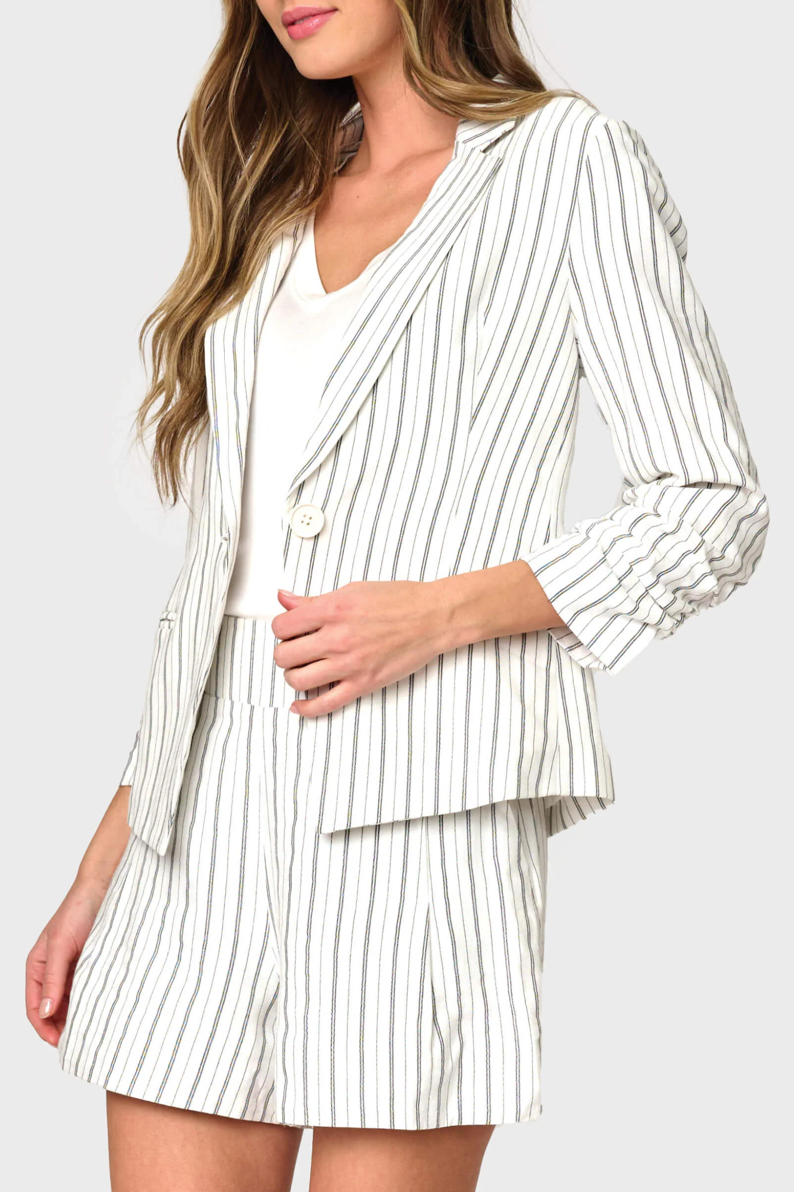 Notched Lapel Pinstripe Linen Blazer | Gibsonlook | Gibsonlook