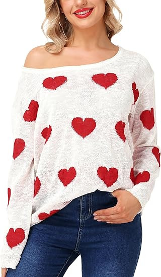 Womens Valentine Off Shoulder Shirt Long Sleeve Knitted Shirts Loose Heart Ripped Tops | Amazon (US)