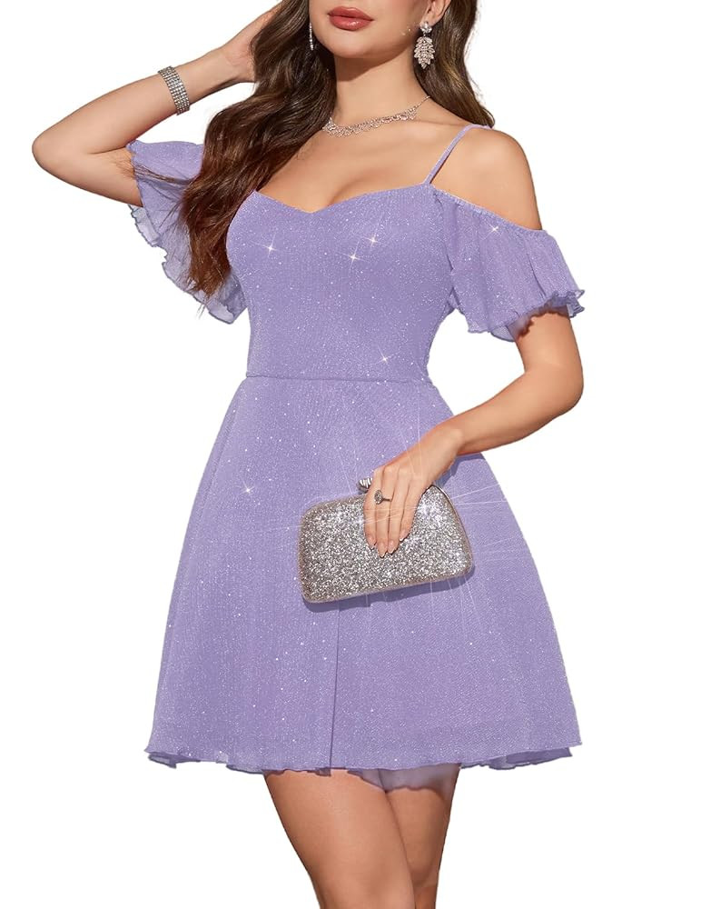 Meetjen Women's Sparkly Off Shoulder Prom Dress 2025 A line Tulle Spaghetti Straps Short Cocktail... | Amazon (US)