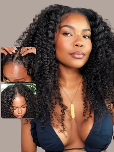 UNICE V Part Wig Human Hair Kinky Curly Upgrade U Part Human Hair Wig No Tracks 4x1 inch Lace V Part Human Hair Wig Wear Go Glueless Wig for Women Beginner Friendly 180% Density 18 inch | Amazon (US)