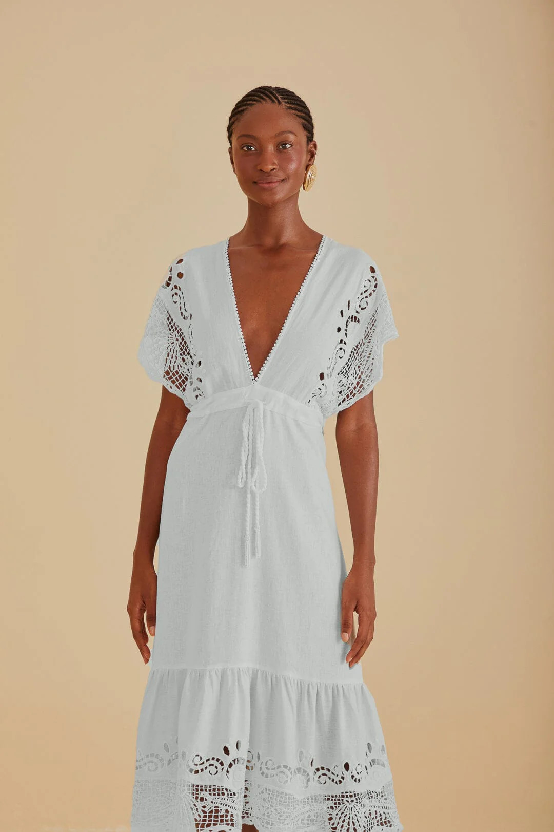 Off-White Embroidered Guipure Euroflax™ Premium Linen Midi Dress | FarmRio (US)