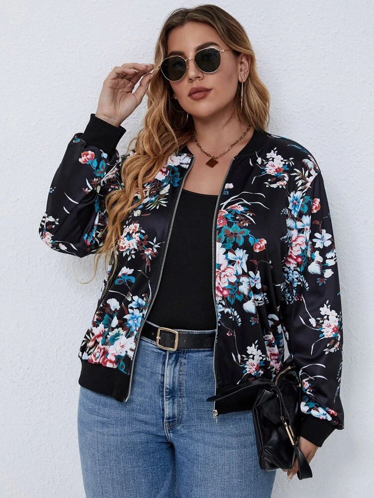 Plus Floral Print Bomber Jacket | SHEIN