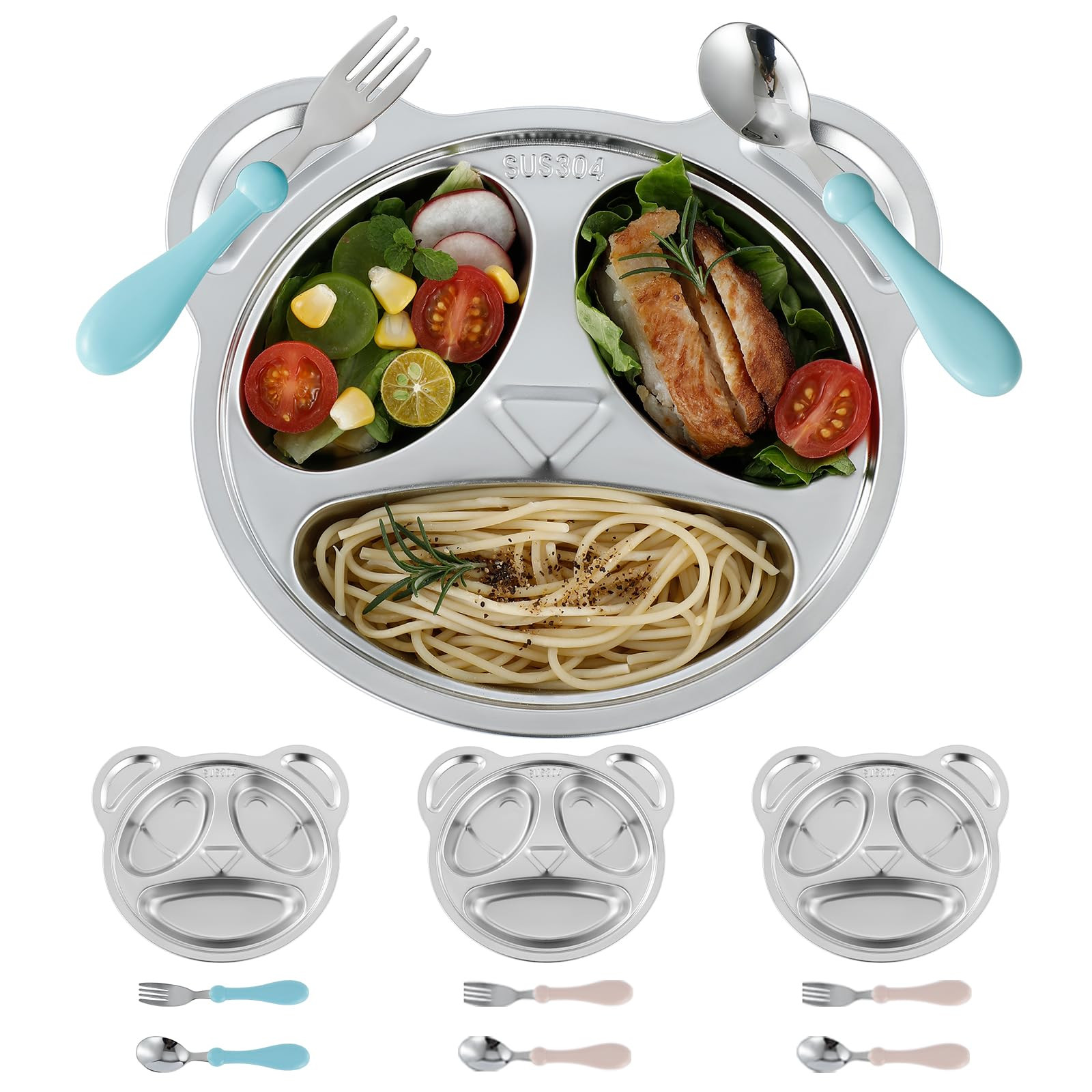 Set of 4 Stainless Steel Divided Plates and utensils for kids,3 Compartment Toddler Plate Metal K... | Amazon (US)