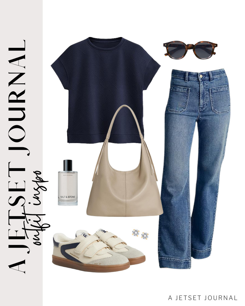 These Sam Edelman Talia sneakers are perfect for this combination of navy tee and wide-leg jeans. Styling this with befen leather purse and SOJOS retro polarized round sunnies is awesome. You can finish this look with Salt & Stone's signature deo and body mist. 

 #LTKSeasonal #LTKSaleAlert #LTKTravel