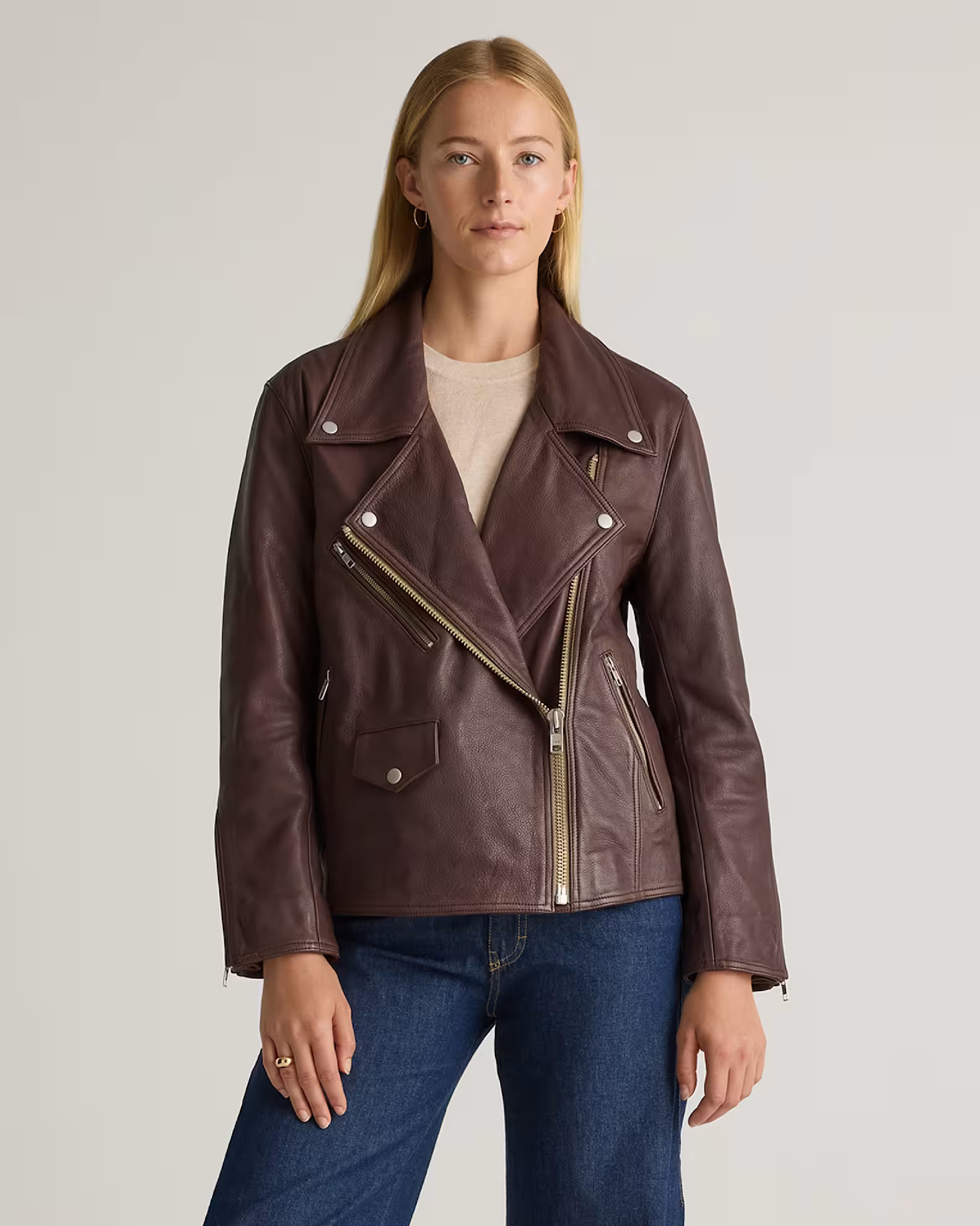 100% Leather Oversized Biker Jacket in Brown | Quince