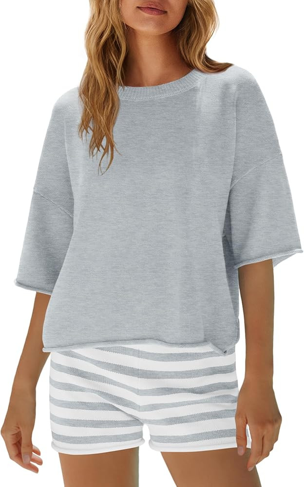 Yanekop Womens Striped Set 2 Piece Outfits Sets Oversized Summer Lounge Short Sets Beach Vacation Outfits Loungewear | Amazon (US)
