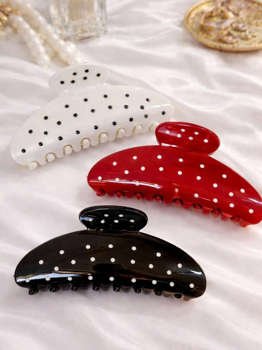 3pcs/1pc Elegant Minimalist Vintage Oversized Black, White & Red Polka Dot Semi-Circle Shell Hair... | SHEIN