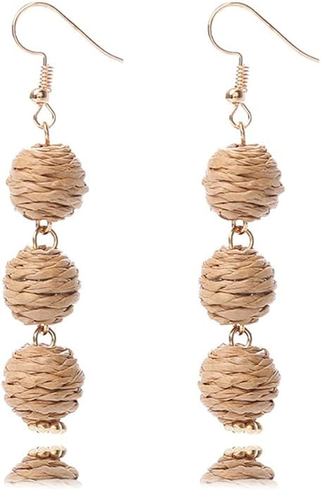 Colorful Long Natural Rattan Raffia Ball Drop Dangle Earrings Boho Handwoven Braid Straw Wicker B... | Amazon (US)