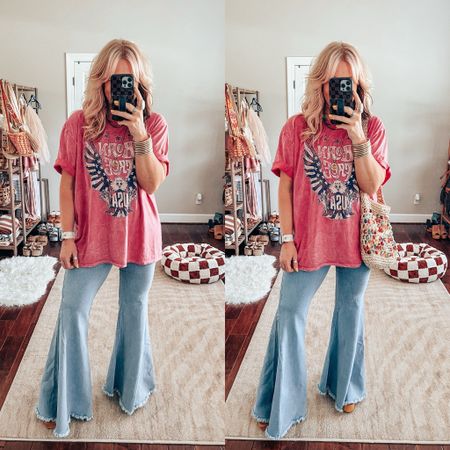 Outfit is @threebirdnest save with code MANDIE. (I can’t link it here) Let me knkw if you’d like links. 
•Tee L
•Flare jeans M
•Sandals TTS 
•Long Necklace save with code MANDIE15
•Watchband save with code MANDIE
•🏁 Ring is @shopbeljoy save with code MANDIE25 
•Bag is older 
 

#LTKOver40 #LTKFestival #LTKStyleTip