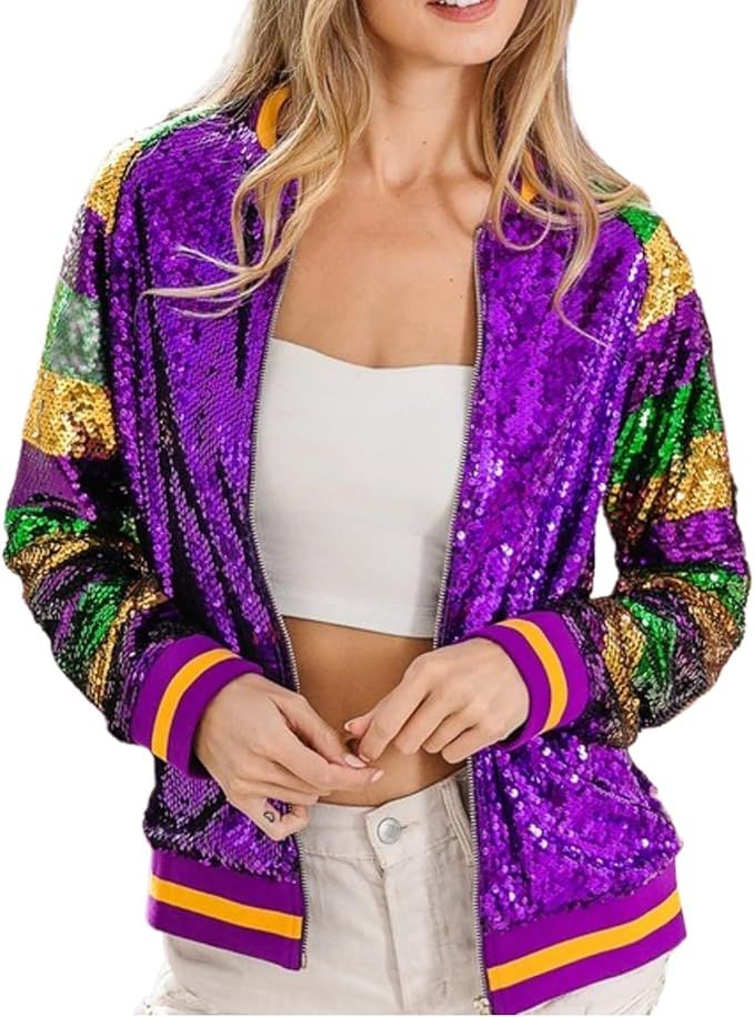 Mardi Gras Outfit for Women Sequin Long Sleeve Mardi Gras Jackets Parade Party Sparkly Shirt Shin... | Amazon (US)
